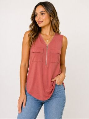 Ardene Sleeveless Blouse Medium Rust Zip Front Pocket Tank Top Casual Summer